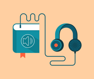 Illustration. Headphones plugged into book, representing the term audiobook